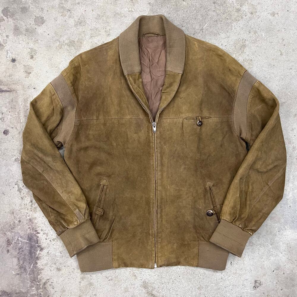 Vintage Suede Leather Bomber Jacket Knit Shawl Collar Light Brown Patina Size M - Picture 11 of 16